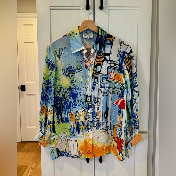 michael leu Tops - Michael Leu Women's 100% Silk Button Down Shirt Wearable Art Size Small Blouse